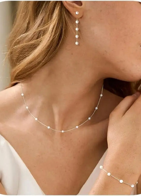 Conjunto de joyería de oro para mujer, delicado collar de perlas y aretes chapados en oro/plata de 14 quilates con pendientes colgantes, pulseras y collar