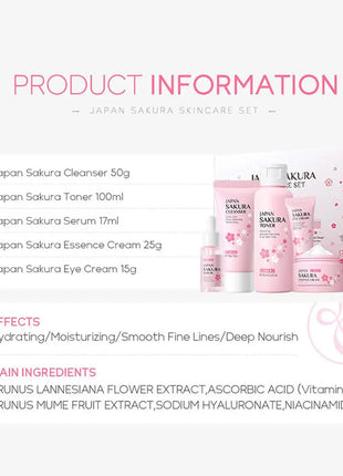 Sets de cuidado de la piel Sakura con limpiador, sérum, crema para ojos, crema facial, productos de belleza para mujeres, kit de cuidado de la piel para viaje