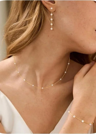 Conjunto de joyería de oro para mujer, delicado collar de perlas y aretes chapados en oro/plata de 14 quilates con pendientes colgantes, pulseras y collar
