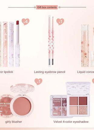 Set de belleza de 8 piezas con maquillaje de lápiz labial, corrector, sombra de ojos, cejas y rubor