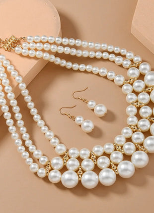 Conjunto de joyería de boda nupcial, collar y pendientes de perlas de imitación hechos a mano multicapa, accesorios de fiesta para mujer