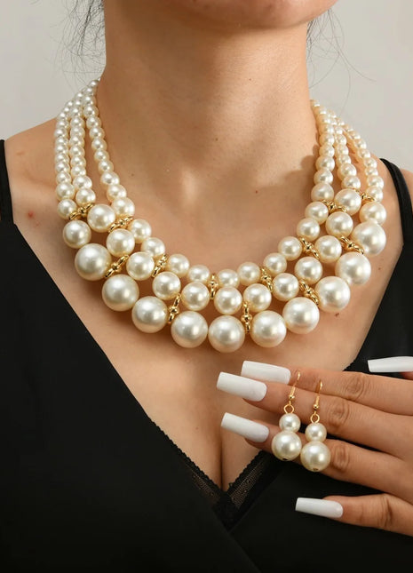 Conjunto de joyería de boda nupcial, collar y pendientes de perlas de imitación hechos a mano multicapa, accesorios de fiesta para mujer