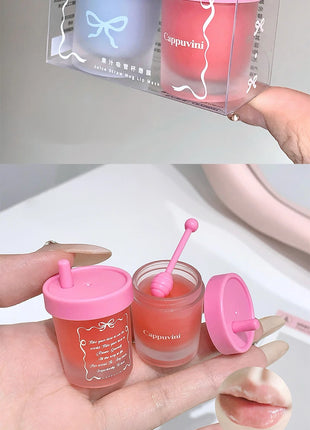 Cappuvini Juice Taza de paja Mascarilla para labios con sabor a fruta Hidratante para el día y la noche en otoño e invierno Previene la sequedad Hidratante duradero Mejora las líneas de los labios Cuidado profundamente hid