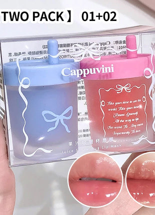 Cappuvini Juice Taza de paja Mascarilla para labios con sabor a fruta Hidratante para el día y la noche en otoño e invierno Previene la sequedad Hidratante duradero Mejora las líneas de los labios Cuidado profundamente hid