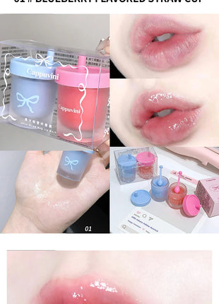 Cappuvini Juice Taza de paja Mascarilla para labios con sabor a fruta Hidratante para el día y la noche en otoño e invierno Previene la sequedad Hidratante duradero Mejora las líneas de los labios Cuidado profundamente hid