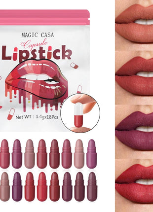 MAGIC CASA Juego de lápiz labial cápsula de 18 colores: mini mate, duradero, resistente al agua, sin transferencia, acabado mate suave