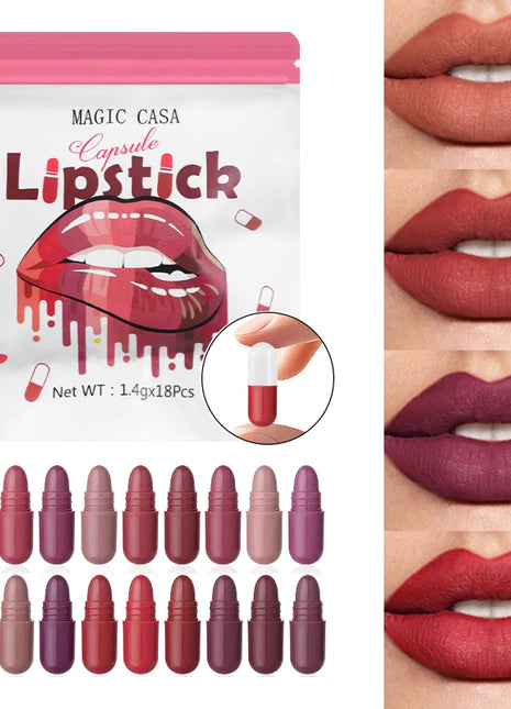 MAGIC CASA Juego de lápiz labial cápsula de 18 colores: mini mate, duradero, resistente al agua, sin transferencia, acabado mate suave