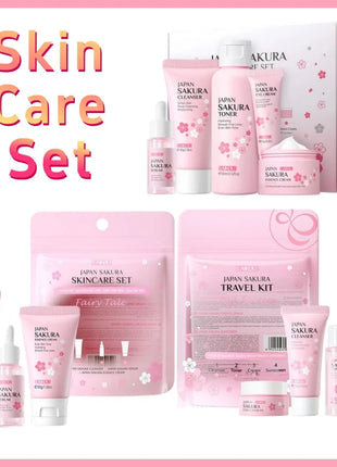 Sets de cuidado de la piel Sakura con limpiador, sérum, crema para ojos, crema facial, productos de belleza para mujeres, kit de cuidado de la piel para viaje