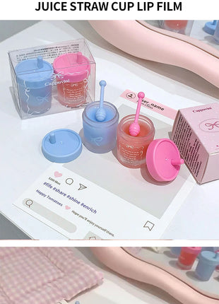 Cappuvini Juice Taza de paja Mascarilla para labios con sabor a fruta Hidratante para el día y la noche en otoño e invierno Previene la sequedad Hidratante duradero Mejora las líneas de los labios Cuidado profundamente hid