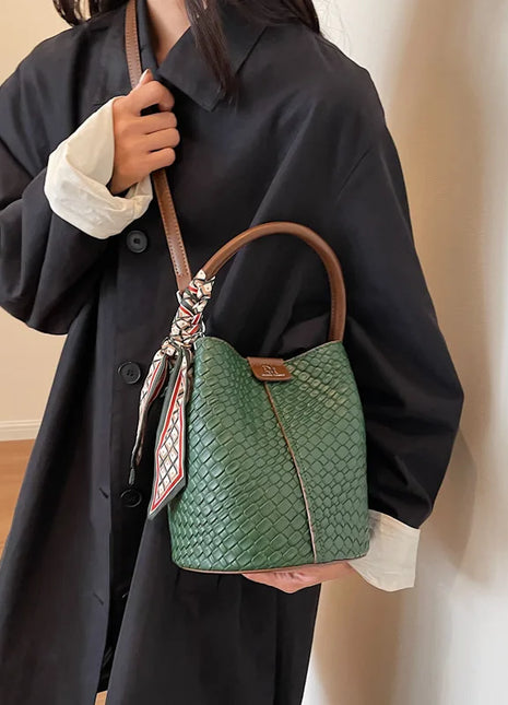 Elegante bolso de mano tipo cubo para mujer, bolso de hombro tipo bandolera con efecto tejido de Color sólido, correa de hombro ajustable y desmontable