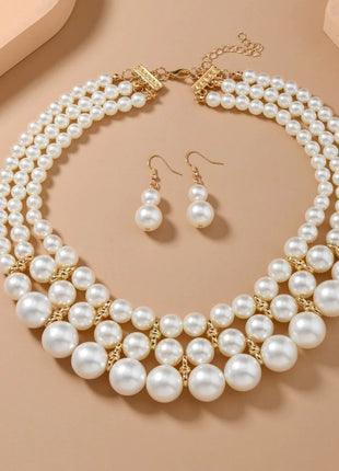 Conjunto de joyería de boda nupcial, collar y pendientes de perlas de imitación hechos a mano multicapa, accesorios de fiesta para mujer