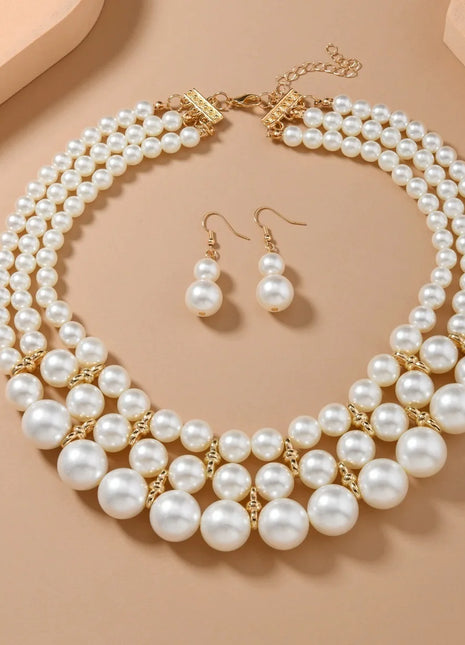 Conjunto de joyería de boda nupcial, collar y pendientes de perlas de imitación hechos a mano multicapa, accesorios de fiesta para mujer