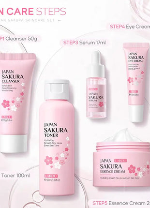 5/3 unids/set Sakura juegos para el cuidado de la piel crema Facial suero tóner limpiador Facial protector solar crema para ojos caja de regalo producto para el cuidado de la piel Facial