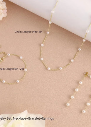 Conjunto de joyería de oro para mujer, delicado collar de perlas y aretes chapados en oro/plata de 14 quilates con pendientes colgantes, pulseras y collar