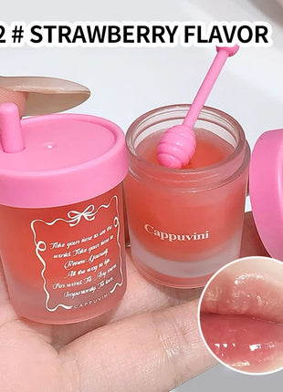 Cappuvini Juice Taza de paja Mascarilla para labios con sabor a fruta Hidratante para el día y la noche en otoño e invierno Previene la sequedad Hidratante duradero Mejora las líneas de los labios Cuidado profundamente hid