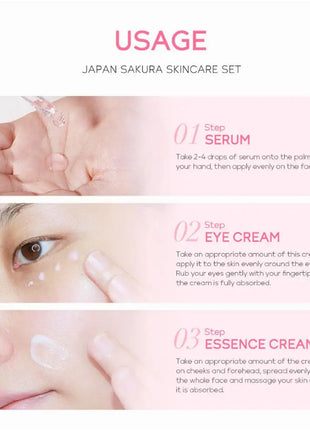 Sakura-Kit de 3 piezas para mujer, crema facial, esencia para ojos, suero para el cuidado de la piel, caja de regalo
