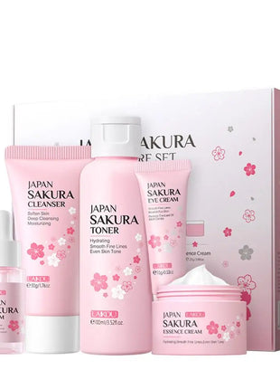 Sets de cuidado de la piel Sakura con limpiador, sérum, crema para ojos, crema facial, productos de belleza para mujeres, kit de cuidado de la piel para viaje