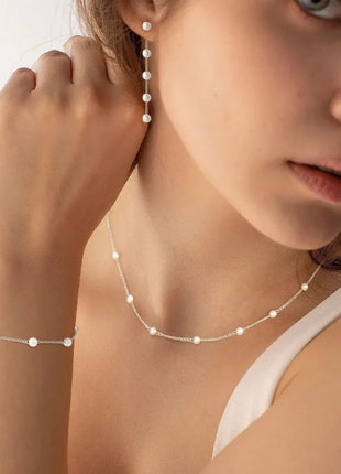 Conjunto de joyería de oro para mujer, delicado collar de perlas y aretes chapados en oro/plata de 14 quilates con pendientes colgantes, pulseras y collar