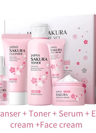 Sets de cuidado de la piel Sakura con limpiador, sérum, crema para ojos, crema facial, productos de belleza para mujeres, kit de cuidado de la piel para viaje