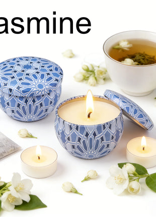 1 paquete de velas de aromaterapia con fragancia de jamón, velas de aromaterapia con lata pequeña, disponible en una flor de té blanca, hierba de cola de zorra, jazmín, vainilla, fresía, aroma de leche de coco