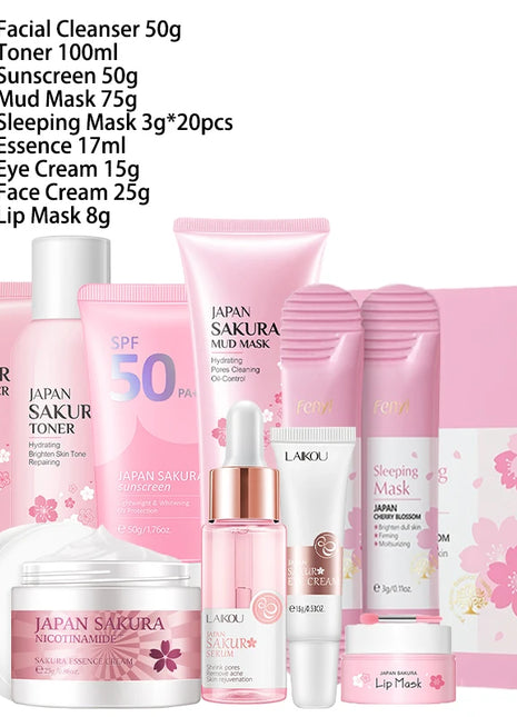 Kit de productos faciales Sakura, 9 Uds., juego de cuidado de la piel, limpiador Facial, crema Facial, protector solar, máscara Facial, crema para ojos, producto coreano para el cuidado de la piel